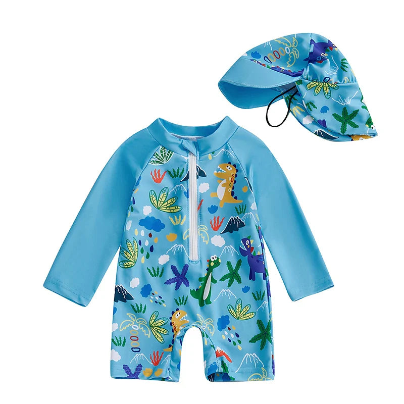 Jungen UV Badeanzug Hai-Druck mit Sonnenhut – Lange Ärmel | 0-5J.