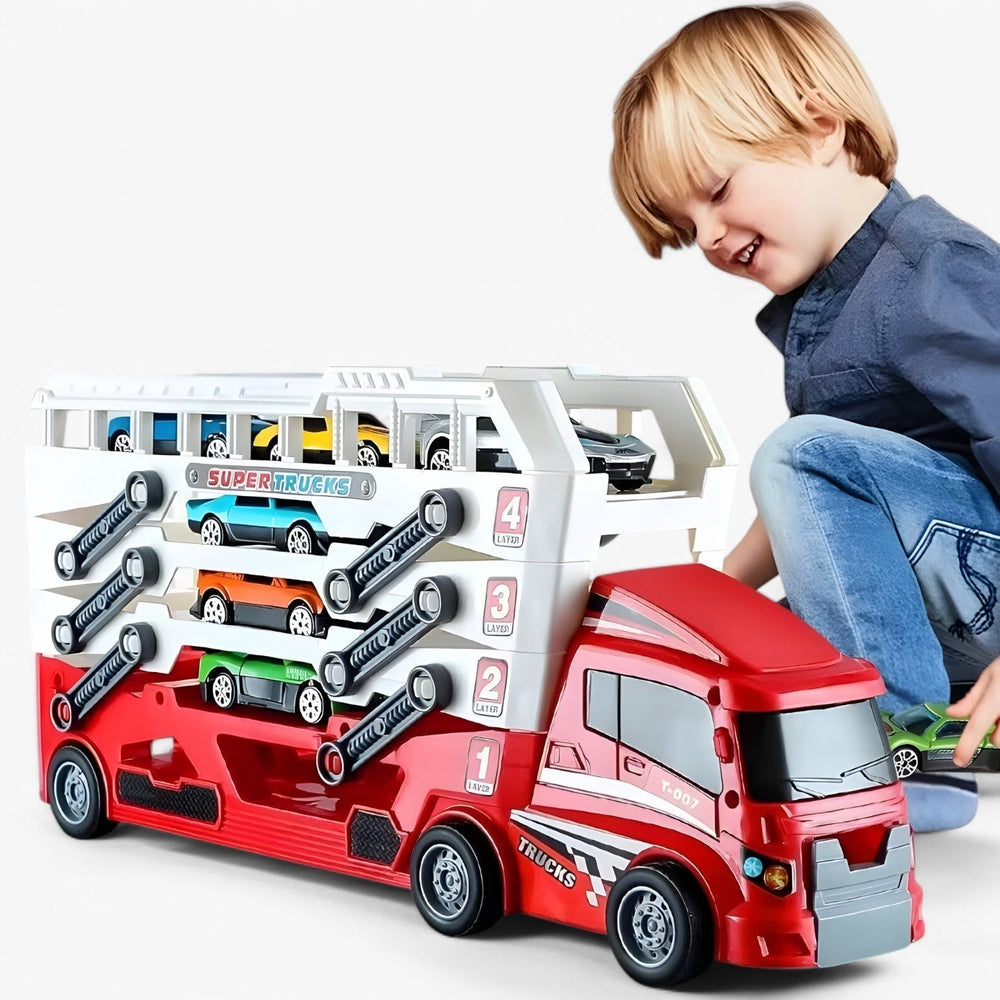 Spielzeug-Autotransporter mit 6 Rennautos – Ladefunktion, ohne Batterien | Lkw