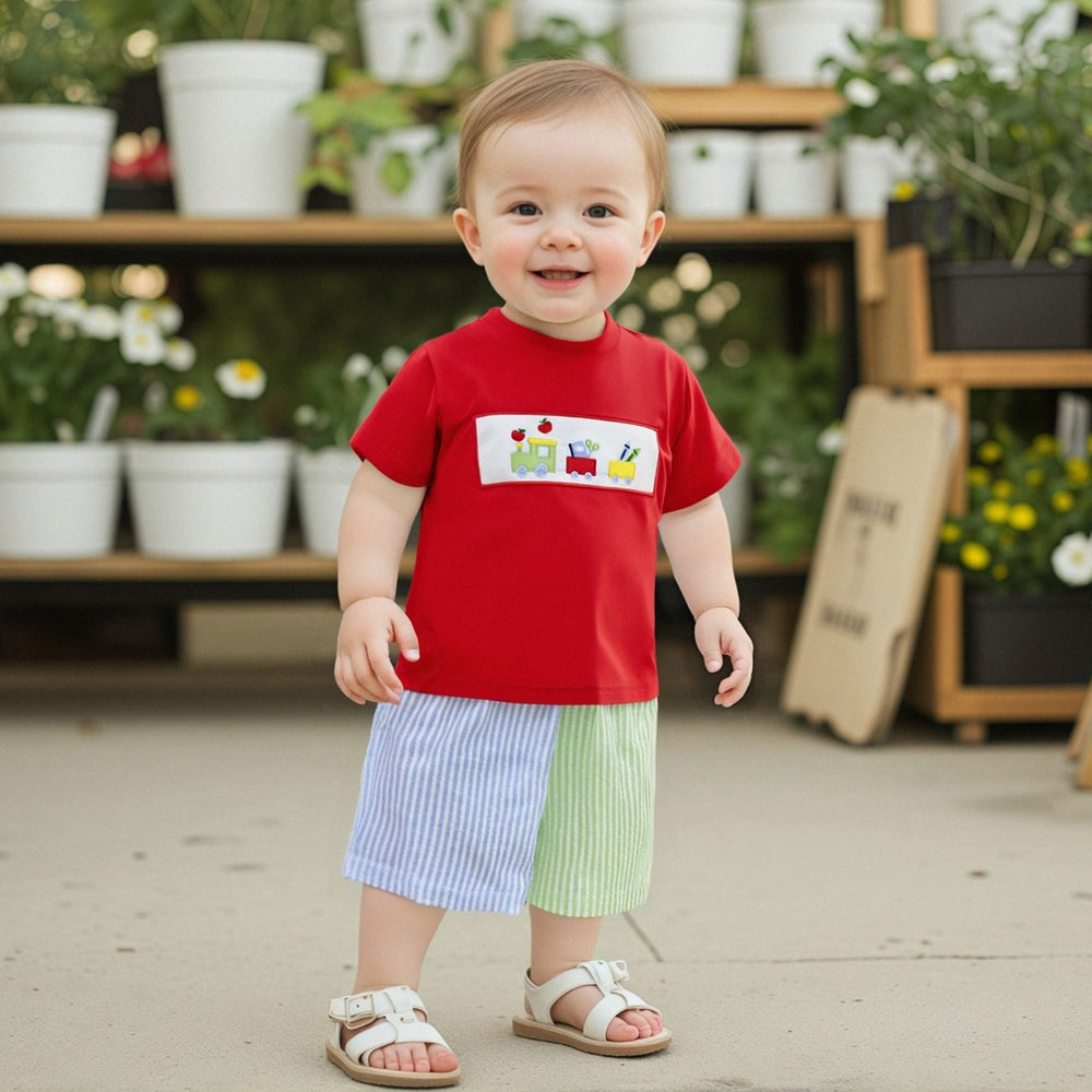 Schooltrain Sommer-Set Jungen | Rotes T-Shirt mit Zug-Print & Gestreifter Shorts | Baumwolle & Polyester | 2–6 Jahre | Sommer-Spielkleidung