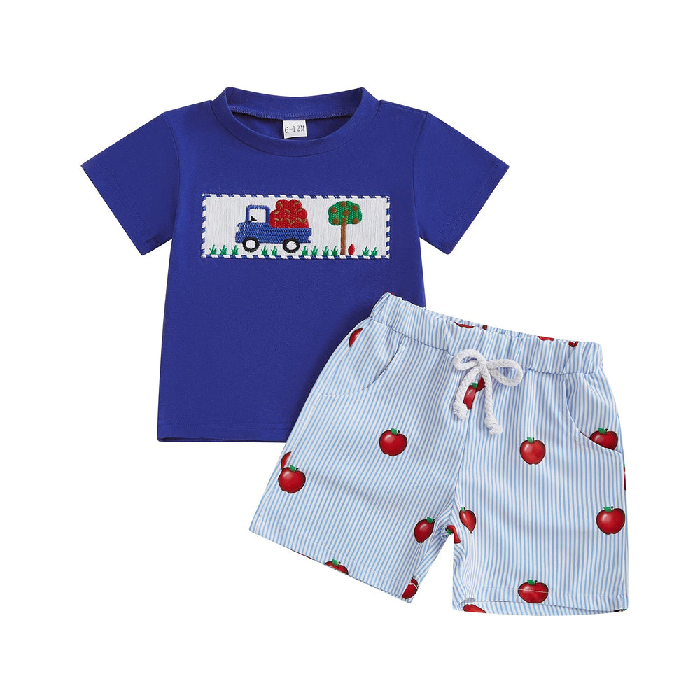 AppleTruck Sommer-Set Jungen | T-Shirt mit Apfel-Truck & Gestreifter Shorts | Baumwolle & Polyester | 6 Mon.–4 Jahre | Blau & Rot