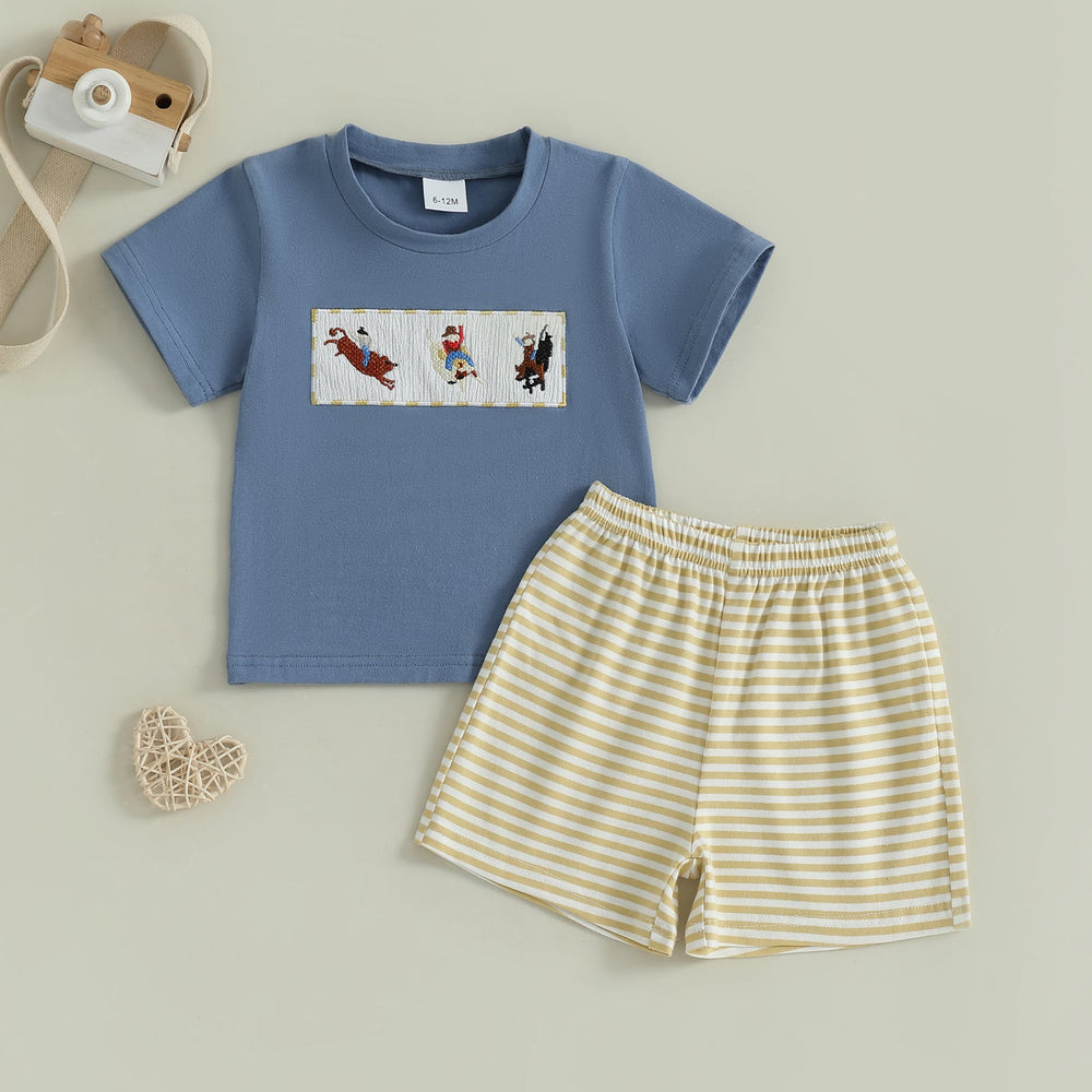 JungleJump Sommer-Set Jungen | T-Shirt mit Äffchen & Gestreifte Shorts | Baumwolle & Polyester | 6 Monate–4 Jahre | Blau & Gelb