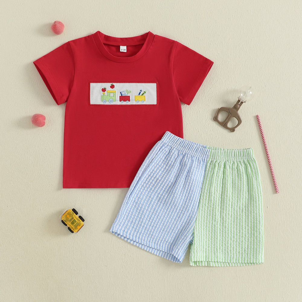 Schooltrain Sommer-Set Jungen | Rotes T-Shirt mit Zug-Print & Gestreifter Shorts | Baumwolle & Polyester | 2–6 Jahre | Sommer-Spielkleidung