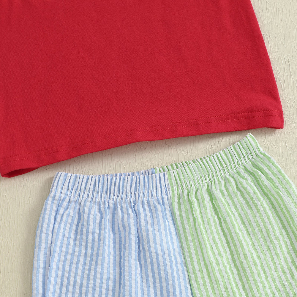 Schooltrain Sommer-Set Jungen | Rotes T-Shirt mit Zug-Print & Gestreifter Shorts | Baumwolle & Polyester | 2–6 Jahre | Sommer-Spielkleidung