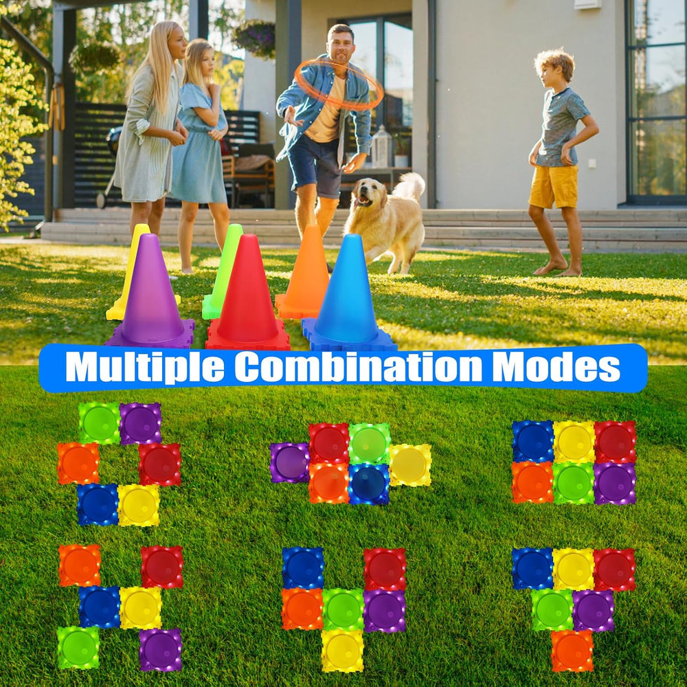 GlowToss Wurfspiel-Set – Leuchtendes Ringwurfspiel mit 6 Lichtkegeln in Eisform + Ringe, Bälle & Sandsäckchen | Outdoorspielzeug für Kinder & Erwachsene