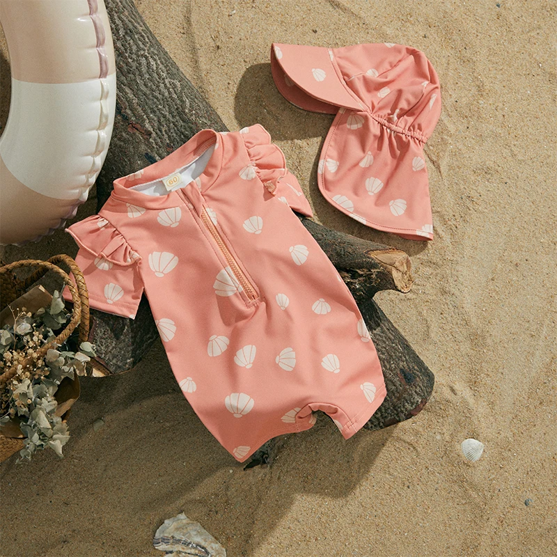 UV-Badeanzug mit Sonnenhut für Babys – Polyester Sommeroutfit – Reißverschluss (0–2 Jahre)