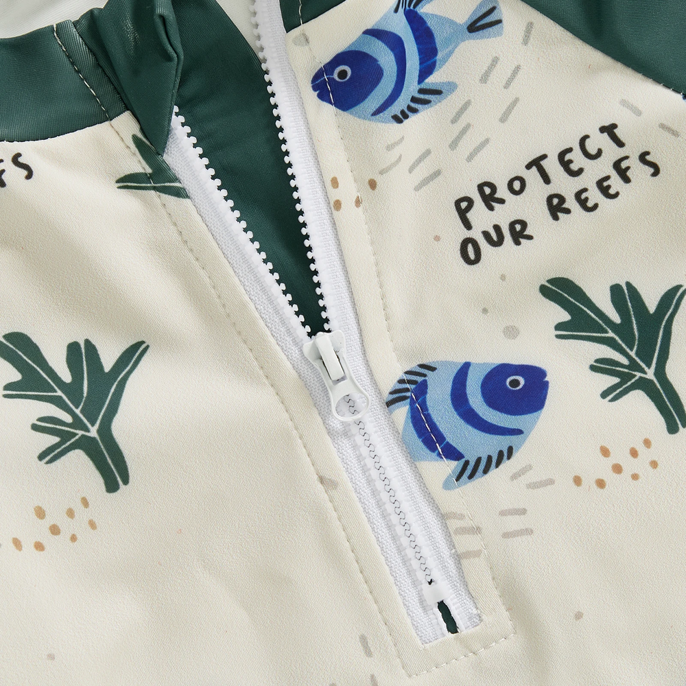 OceanGuard Badeanzug-Set für Babys & Kleinkinder | Lange Ärmel & Sonnenhut | UV-Schutz | Fische &amp; Schildkröten | 0-3 Jahre
