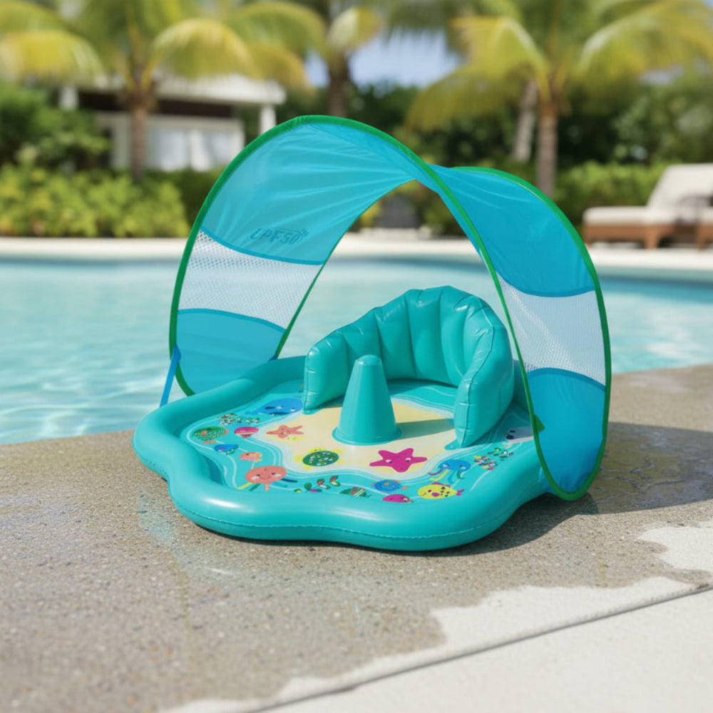 Baby-Planschbecken mit Sonnendach (UPF 50) – Aufblasbares Wasserspielbecken mit Stapelringen