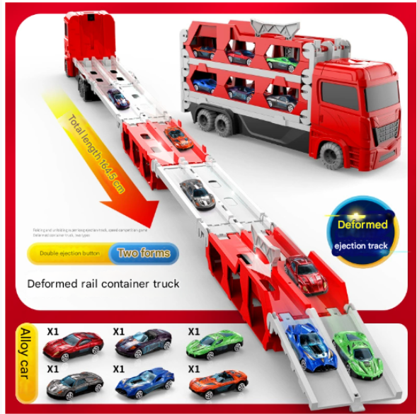 TurboHauler Rennwagen-Truck – 2-in-1 Container-LKW mit ausziehbarer Doppel-Rennstrecke 1,64 m | Inkl. 6 Metall-Autos | Spielzeug-Transportset für Kinder ab 3 Jahren