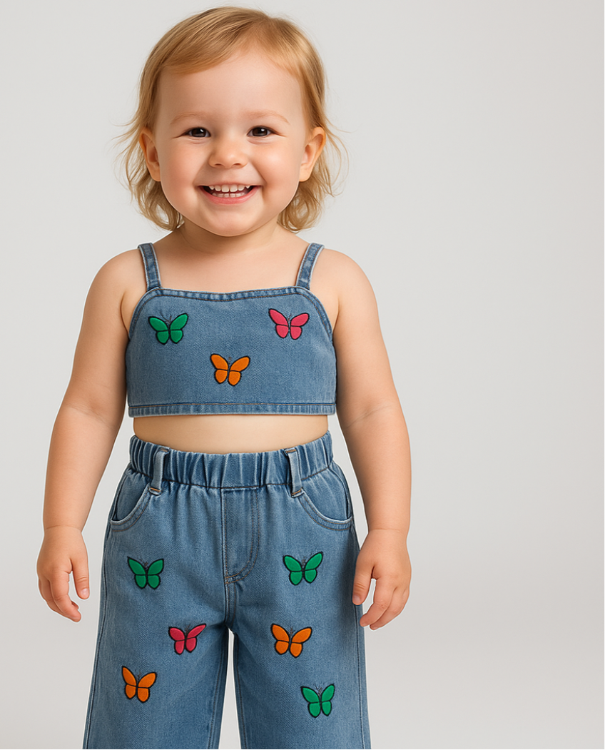 Denim Sommer-Set Mädchen – Luftiges Baumwoll-Set mit Top & Shorts – Größe 0–5 Jahre