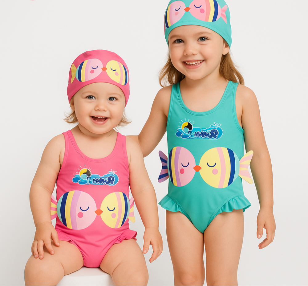 Weiches & Schnell trocknendes Mädchen Badeanzug-Set mit Schwimmkappe – Komfortables & Verspieltes Design | SunnySplash Badeset 0–4 Jahre
