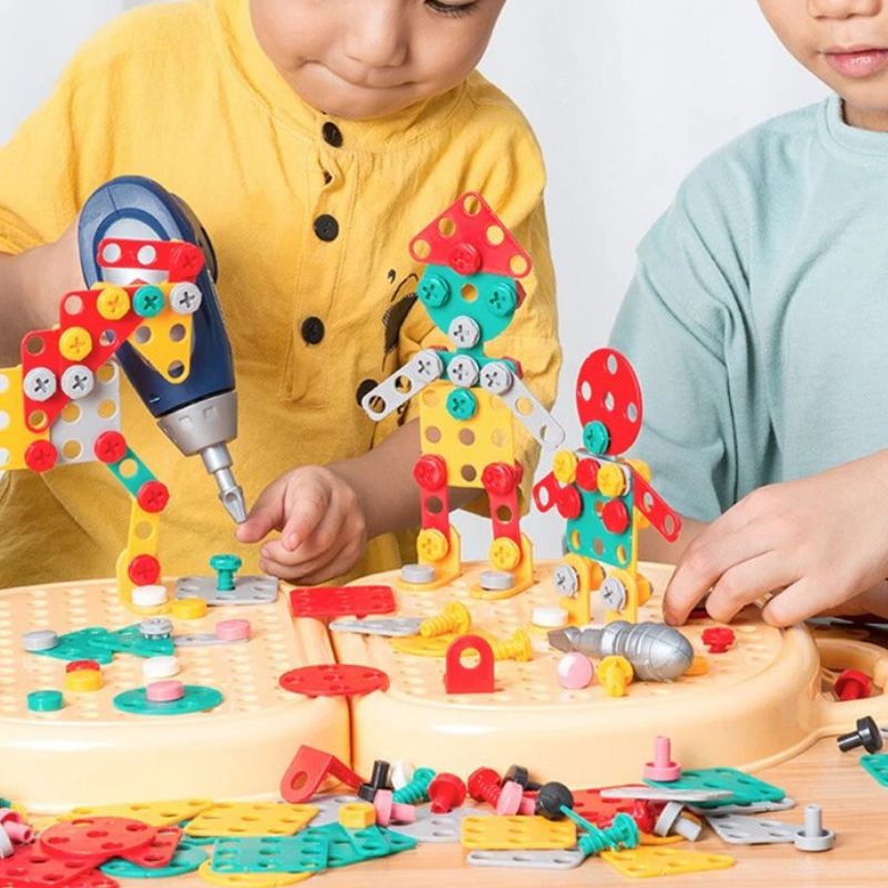 Montessori Werkzeugset mit Puzzles 351 Teile – Spielbohrmaschine, Aufbewahrungsbox | Bauspielzeug