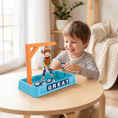 Kind spielt Cowboy Galgenmännchen Wortspiel in einem hellen skandinavischen Wohnzimmer