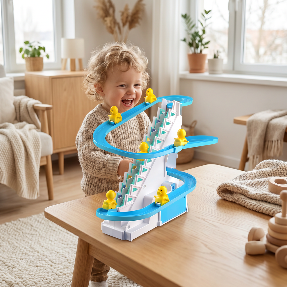 Kind spielt mit Tanzende-Enten-Parcours in einem hellen skandinavischen Wohnzimmer