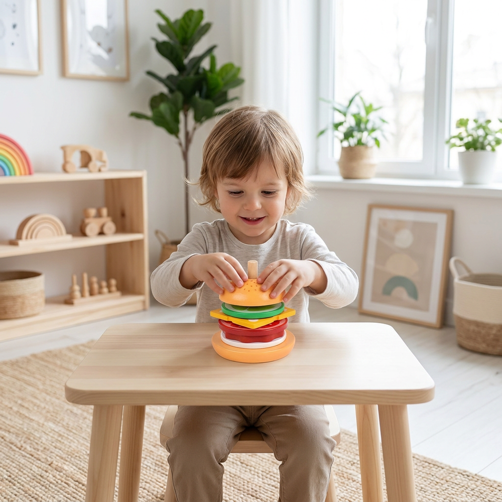 Montessori-Stapelspielzeug Hamburger aus Holz – Lehrreiches Stapel- und Sortierspiel