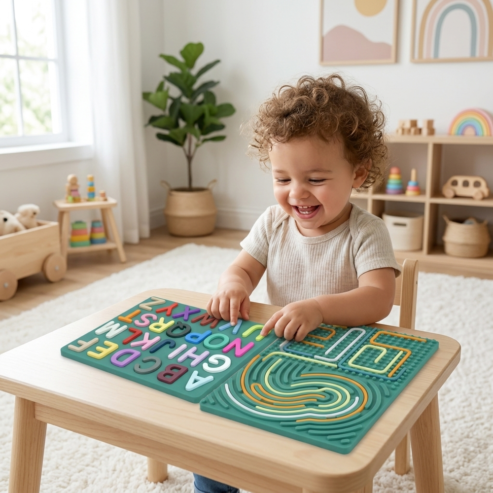 Sensorisches Silikon-Aktivitätsboard mit Buchstaben – Alphabet lernen & Feinmotorik