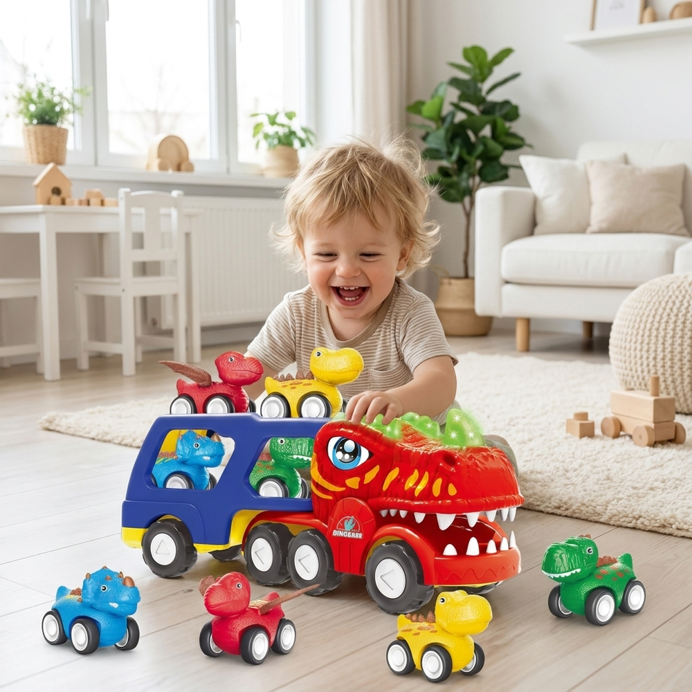 5-in-1 Dinosaurier-Truck Spielset – Transporter mit Licht, Sound & Mini-Dinos