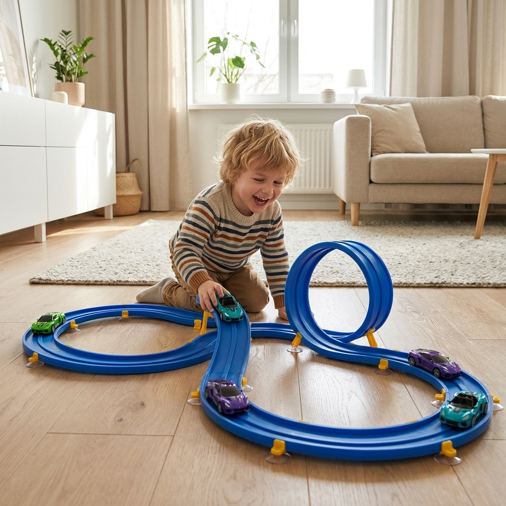 Flexible Rennbahn für Kinder – 395 cm mit Push-and-Go Rennautos & Hindernissen