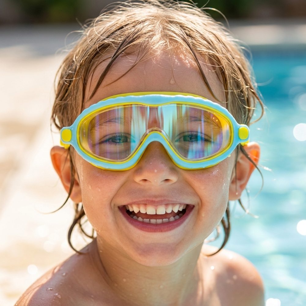 Kinder-Schwimmbrille mit Antibeschlag & UV-Schutz – Verstellbar, HD-Sicht & Ohrstöpsel