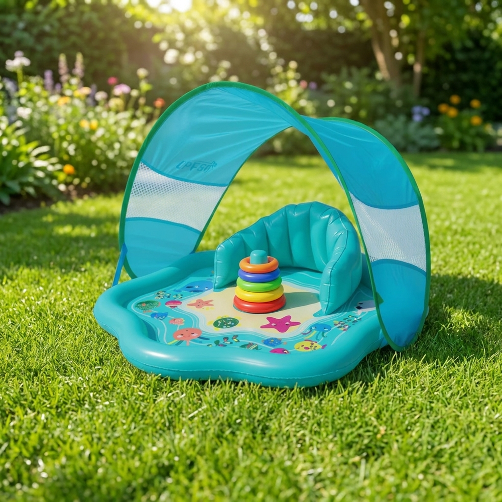Baby-Planschbecken mit Sonnendach (UPF 50) – Aufblasbares Wasserspielbecken mit Stapelringen