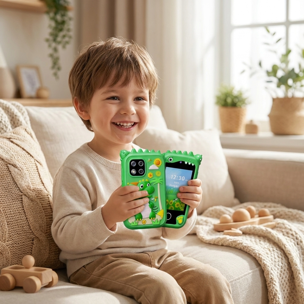 Kindgerechtes Spielzeug-Handy Dino mit Doppelkamera und 8GB SD – für Kinder von 3-10 Jahren