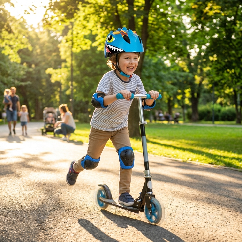 Kinderhelm-Set mit Dino-Design – Fahrradhelm plus Knie- und Ellenbogenschützer