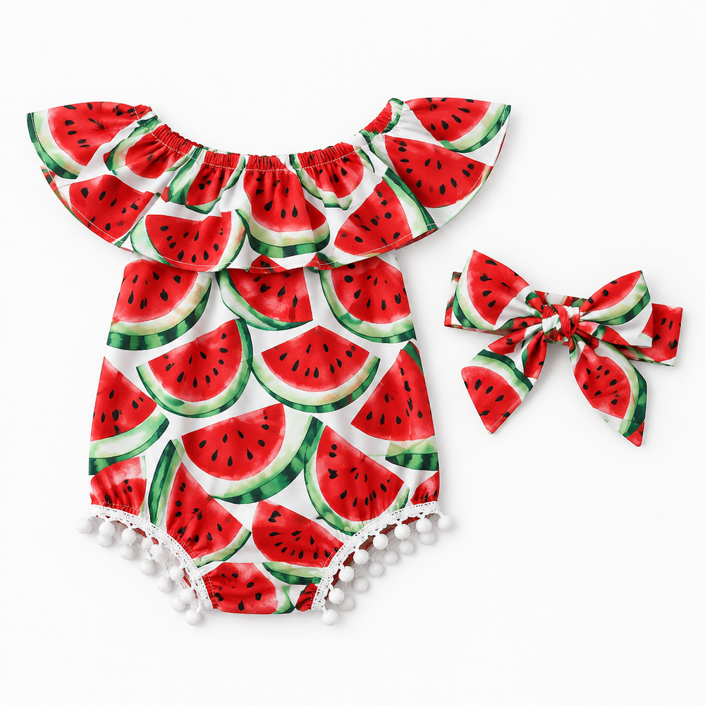 Sommerkleid Mädchen Wassermelonenmuster – Set mit Haarband