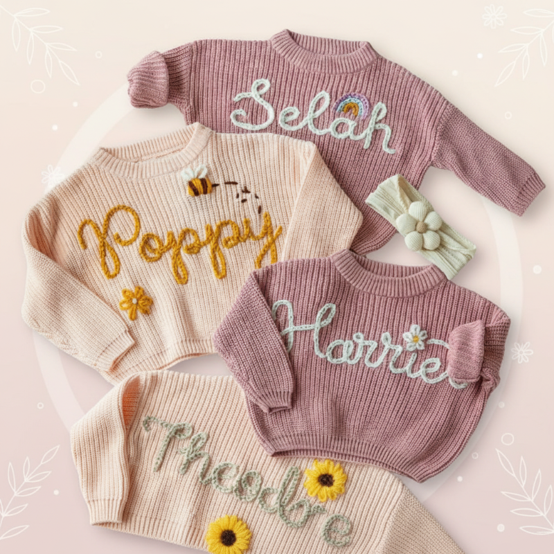 Pullover mit Namen und Tannenbaumprint – bestickt, Baumwolle, Rundhals | Weihnachtspulli Baby