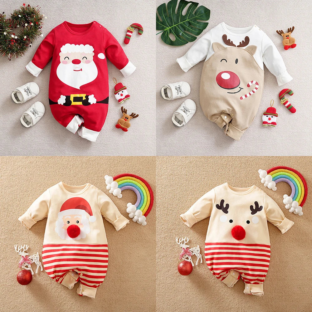 Weihnachtsstrampler Baumwolle, lange Ärmel – Druckknöpfe, Weihnachtsmann-Motiv, weich | Babyoverall