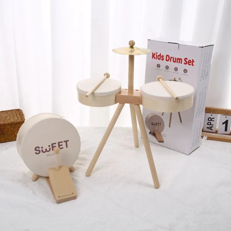 Holz-Schlagzeug mit Becken und Xylofon – 5 Instrumente, Buchenholz | Musikspielzeug