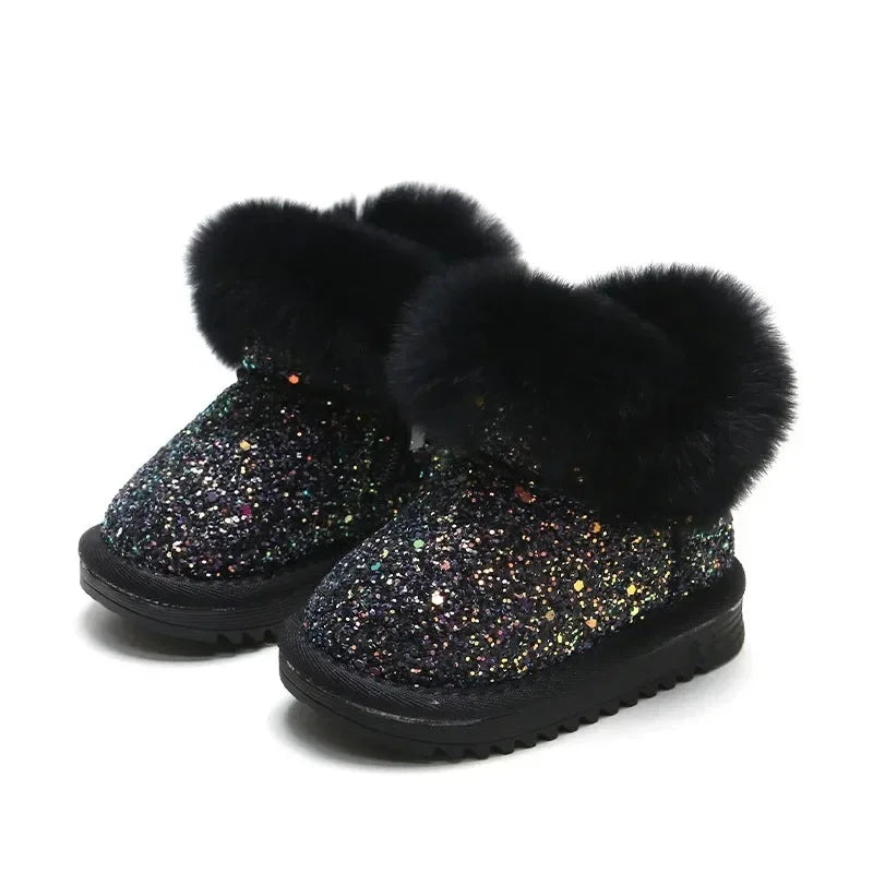 Glitzer-Winterstiefel Kinder mit warmem Futter – Kunstfellrand, TPR-Sohle | Schneestiefel