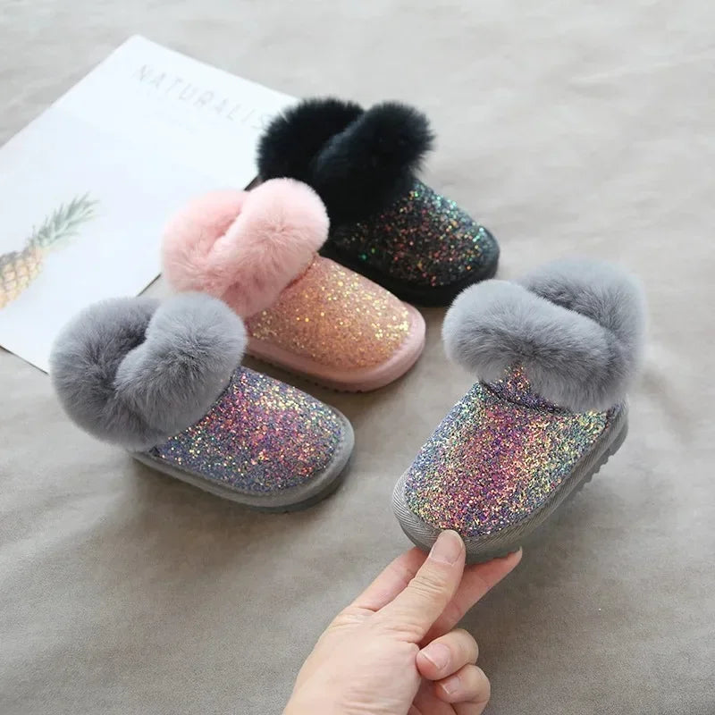 Glitzer-Winterstiefel Kinder mit warmem Futter – Kunstfellrand, TPR-Sohle | Schneestiefel