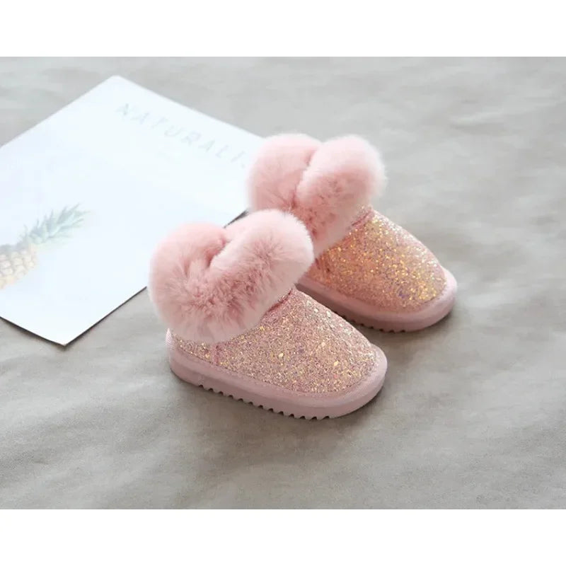 Glitzer-Winterstiefel Kinder mit warmem Futter – Kunstfellrand, TPR-Sohle | Schneestiefel