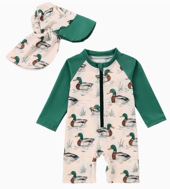 OceanGuard Badeanzug-Set für Babys & Kleinkinder | Lange Ärmel & Sonnenhut | UV-Schutz | Fische &amp; Schildkröten | 0-3 Jahre