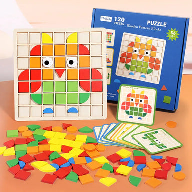 Holz-Mosaikpuzzle mit 120 Teilen – 20 beidseitige Karten, Legeplatte | Musterpuzzle Montessori