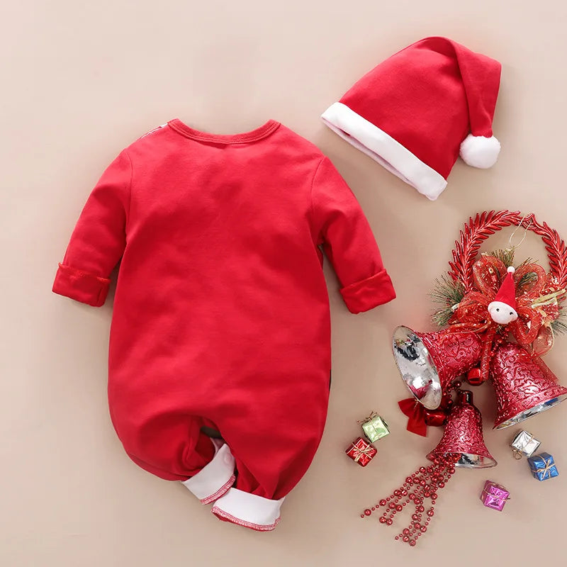 Weihnachtsstrampler Baumwolle, lange Ärmel – Druckknöpfe, Weihnachtsmann-Motiv, weich | Babyoverall