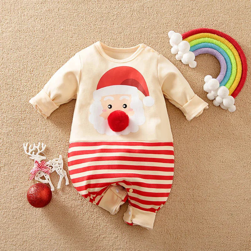 Weihnachtsstrampler Baumwolle, lange Ärmel – Druckknöpfe, Weihnachtsmann-Motiv, weich | Babyoverall