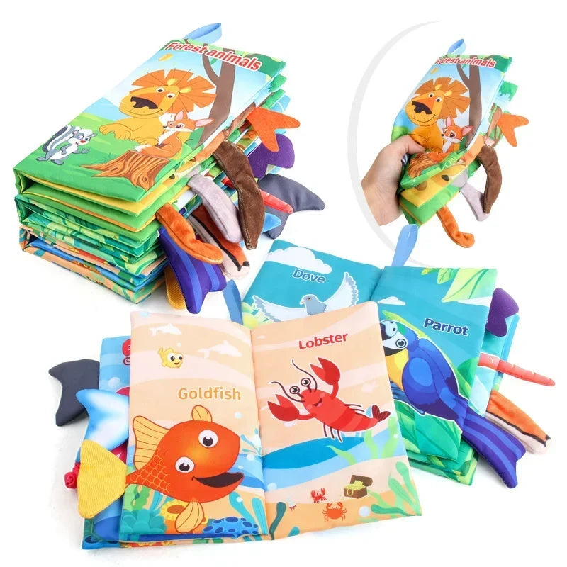 Stoffbuch für Babys mit Schwänzchen – Geräusche, Baumwolle, 15x14 cm | Sensorikspielzeug