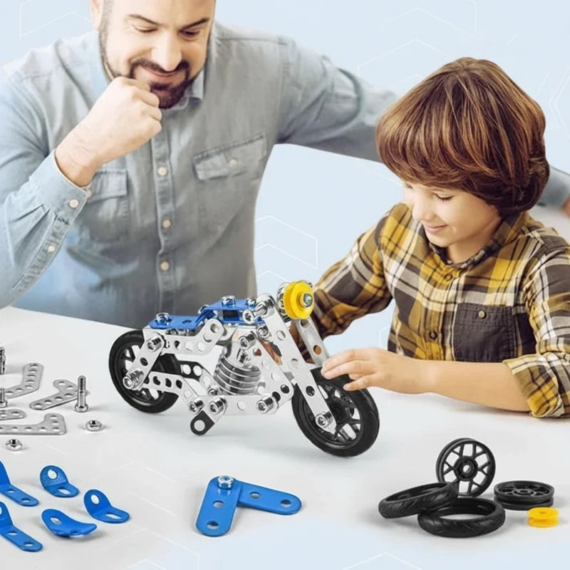 Metall-Bausatz mit Schrauben – vier Fahrzeugmodelle, klare Bauschritte | Konstruktionsspielzeug