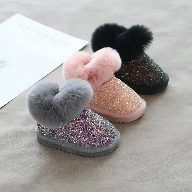 Glitzer-Winterstiefel Kinder mit warmem Futter – Kunstfellrand, TPR-Sohle | Schneestiefel