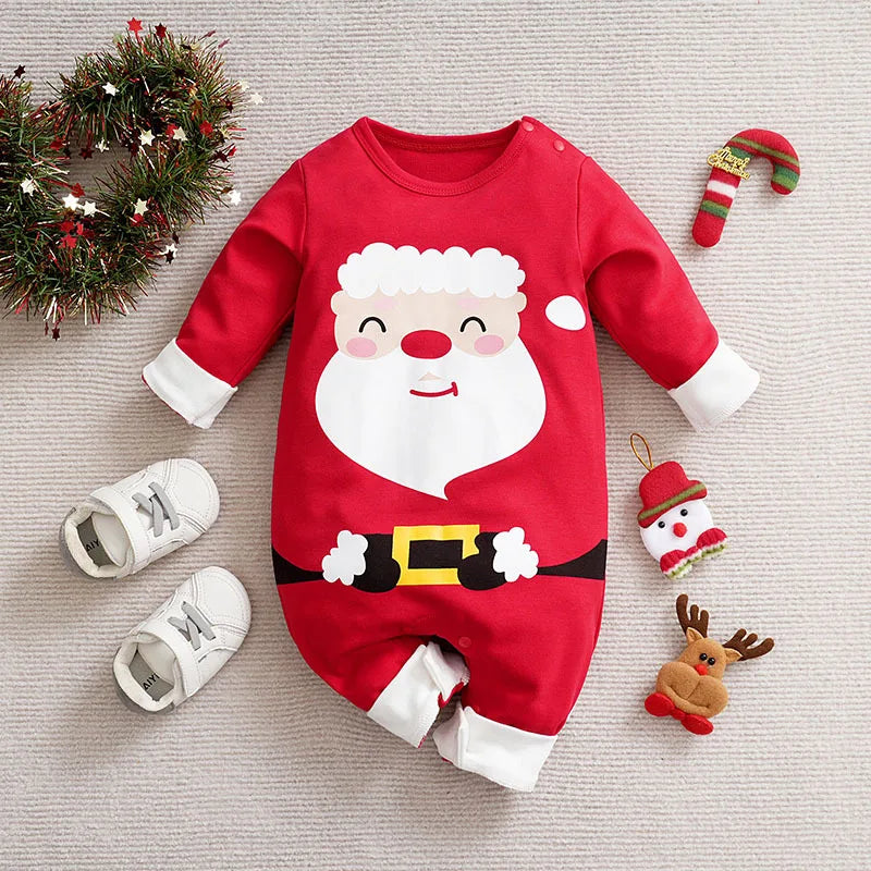 Weihnachtsstrampler Baumwolle, lange Ärmel – Druckknöpfe, Weihnachtsmann-Motiv, weich | Babyoverall