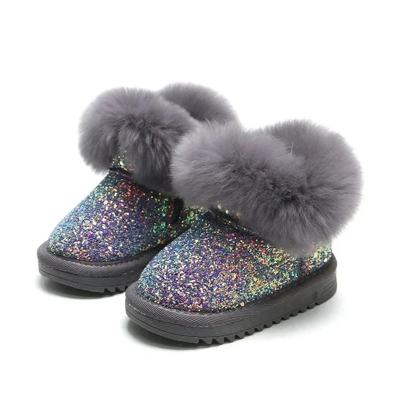 Glitzer-Winterstiefel Kinder mit warmem Futter – Kunstfellrand, TPR-Sohle | Schneestiefel