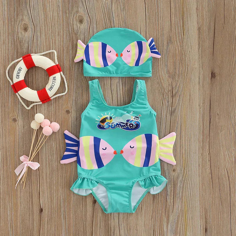 Weiches & Schnell trocknendes Mädchen Badeanzug-Set mit Schwimmkappe – Komfortables & Verspieltes Design | SunnySplash Badeset 0–4 Jahre