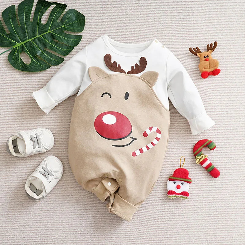Weihnachtsstrampler Baumwolle, lange Ärmel – Druckknöpfe, Weihnachtsmann-Motiv, weich | Babyoverall