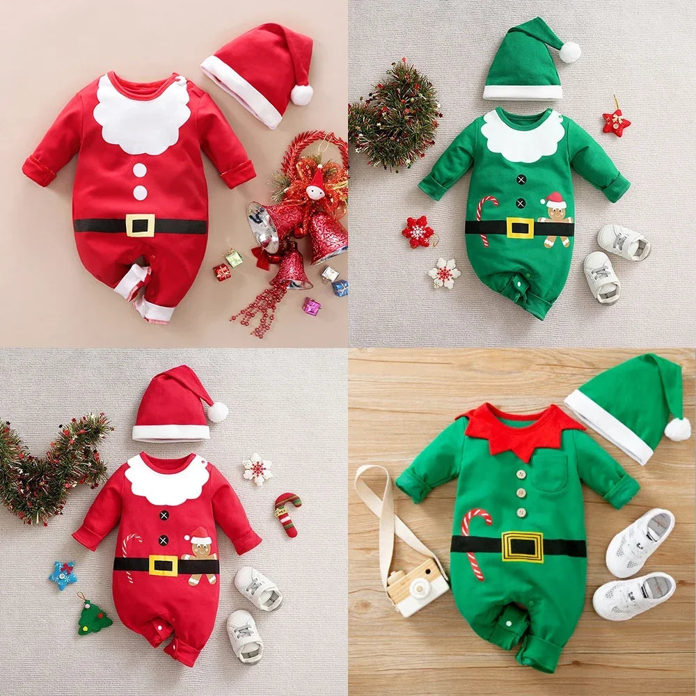 Weihnachtsstrampler Baumwolle, lange Ärmel – Druckknöpfe, Weihnachtsmann-Motiv, weich | Babyoverall