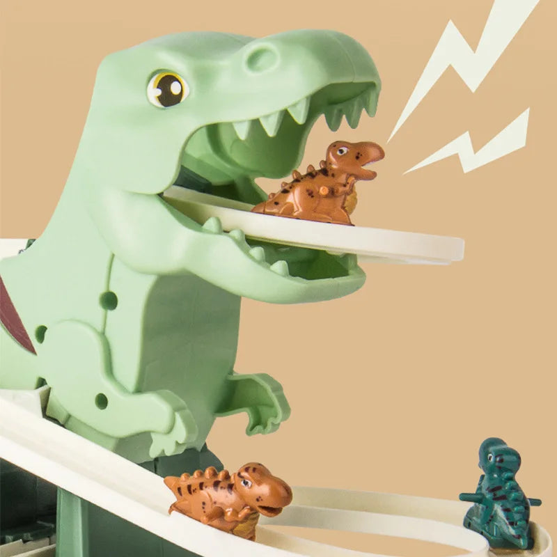 Dino-Rennbahn mit Treppe und Rutsche – Musik und LED-Licht, Dinofiguren | Spielbahn für Kinder
