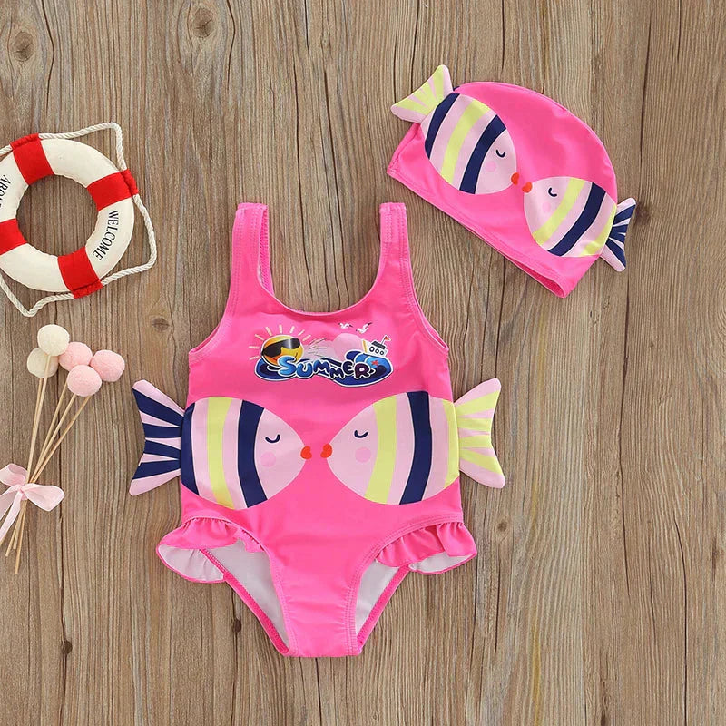 Weiches & Schnell trocknendes Mädchen Badeanzug-Set mit Schwimmkappe – Komfortables & Verspieltes Design | SunnySplash Badeset 0–4 Jahre