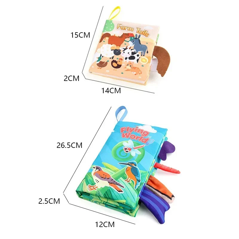 Stoffbuch für Babys mit Schwänzchen – Geräusche, Baumwolle, 15x14 cm | Sensorikspielzeug