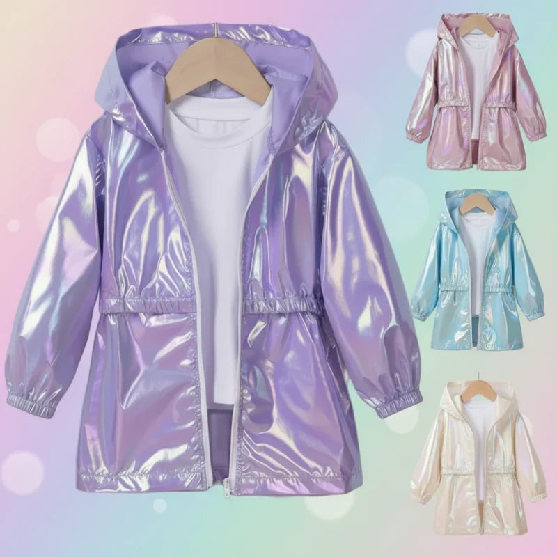 Kinderregenjacke mit Kapuze und Glanzoptik – Reißverschluss, Bündchen | Regenjacke