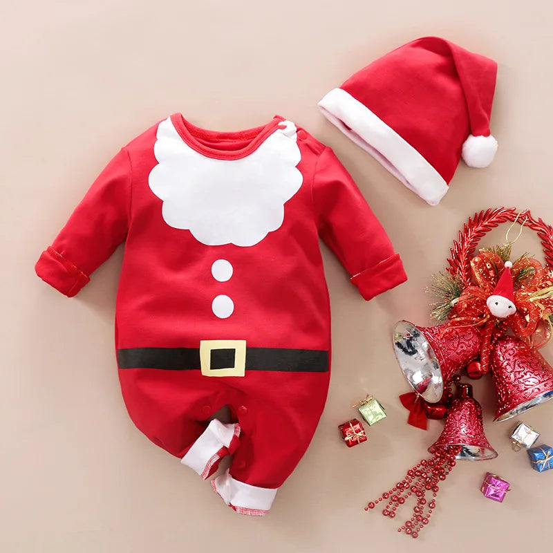 Weihnachtsstrampler Baumwolle, lange Ärmel – Druckknöpfe, Weihnachtsmann-Motiv, weich | Babyoverall