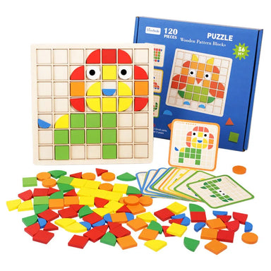 Holz-Mosaikpuzzle mit 120 Teilen – 20 beidseitige Karten, Legeplatte | Musterpuzzle Montessori